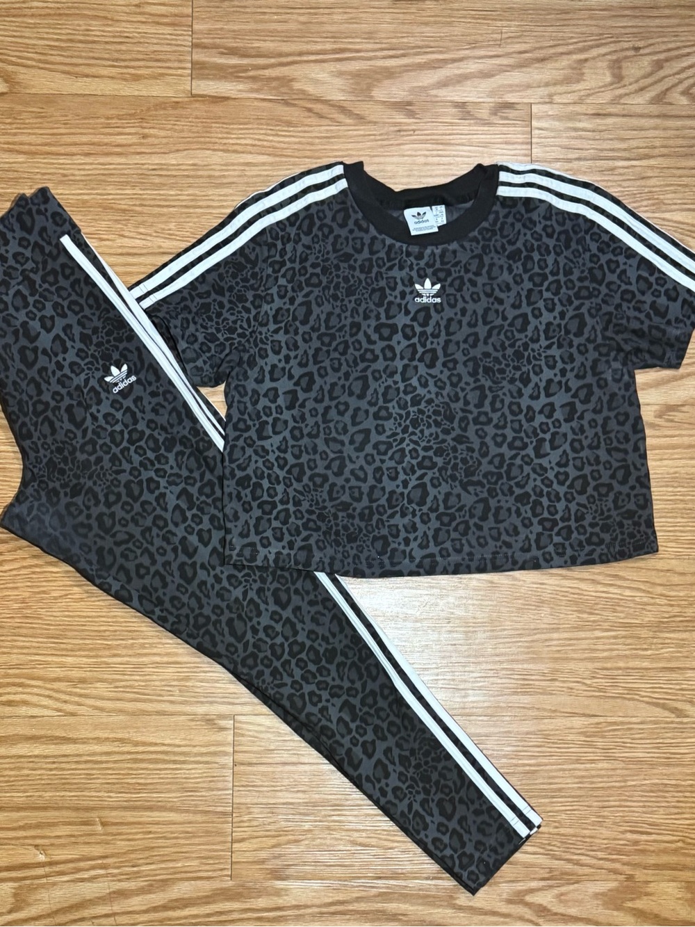 Women’s Adidas Black Leopard Print Crop Tee & Leggings Set